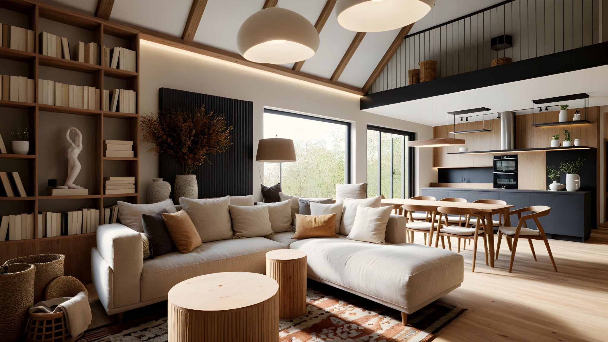 Jasny salon z drewnianymi akcentami: regał z książkami, beżowa sofa narożna, okrągłe stoliki kawowe i otwarta kuchnia w tle. Sielski klimat.