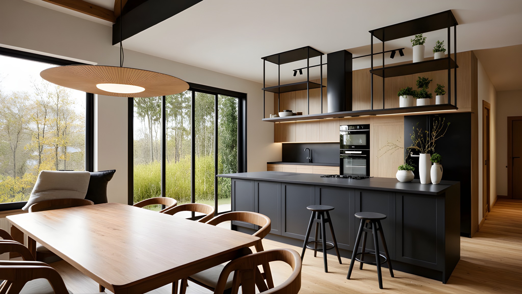 Nowoczesna kuchnia z wyspą i drewnianym stołem jadalnym, widok na zieleń za oknem. Minimalistyczny design, naturalne światło, drewniane krzesła i lampa.