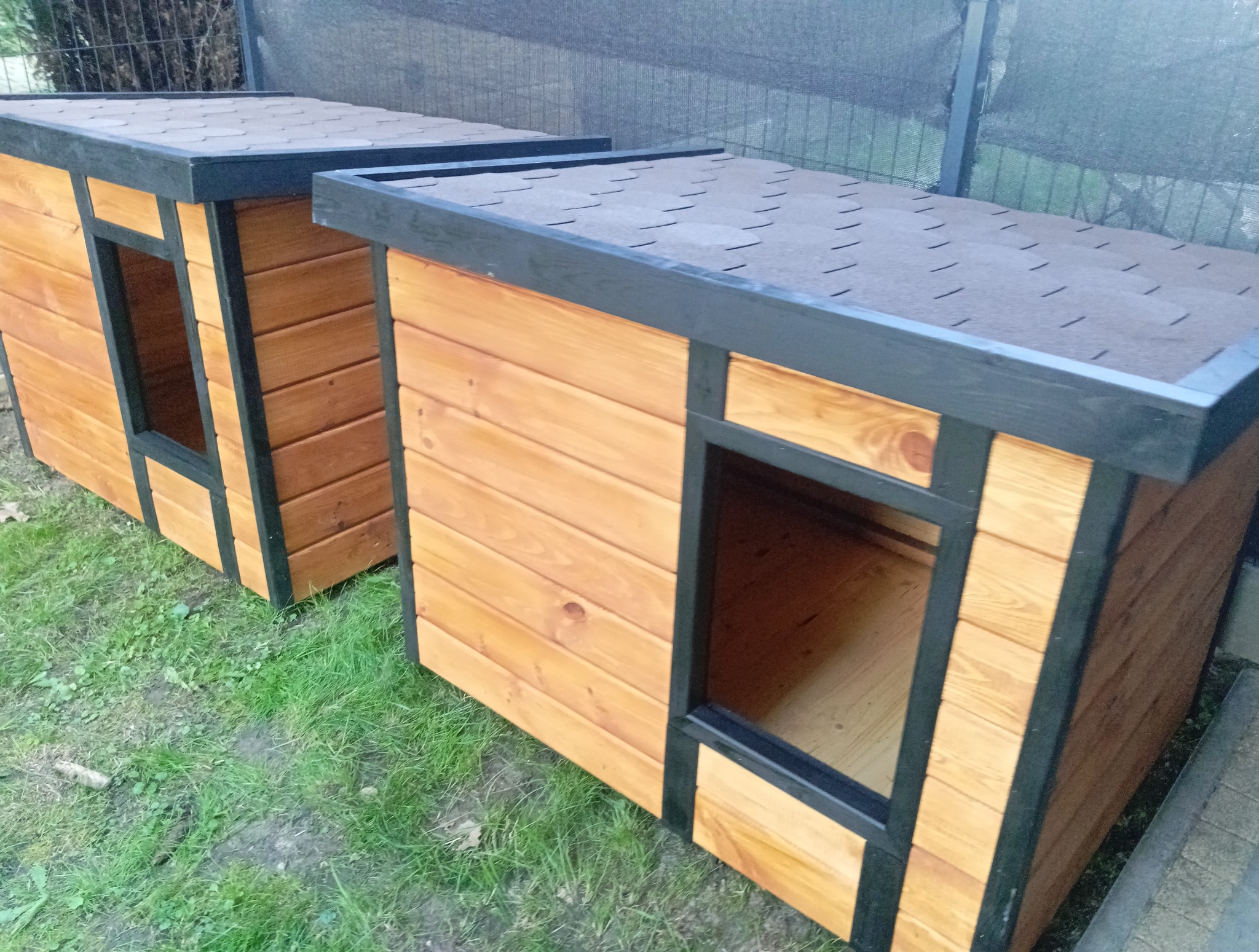 Dwie drewniane budy dla psów z czarnymi obramowaniami, ustawione na trawie przed siatką ogrodzeniową. Budy mają spadziste dachy pokryte papą.