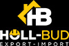 Czarne logo firmy Holl-Bud z żółtym symbolem domu i uśmiechniętą twarzą wkomponowaną w nazwę. Napis 'EXPORT-IMPORT' pod spodem.