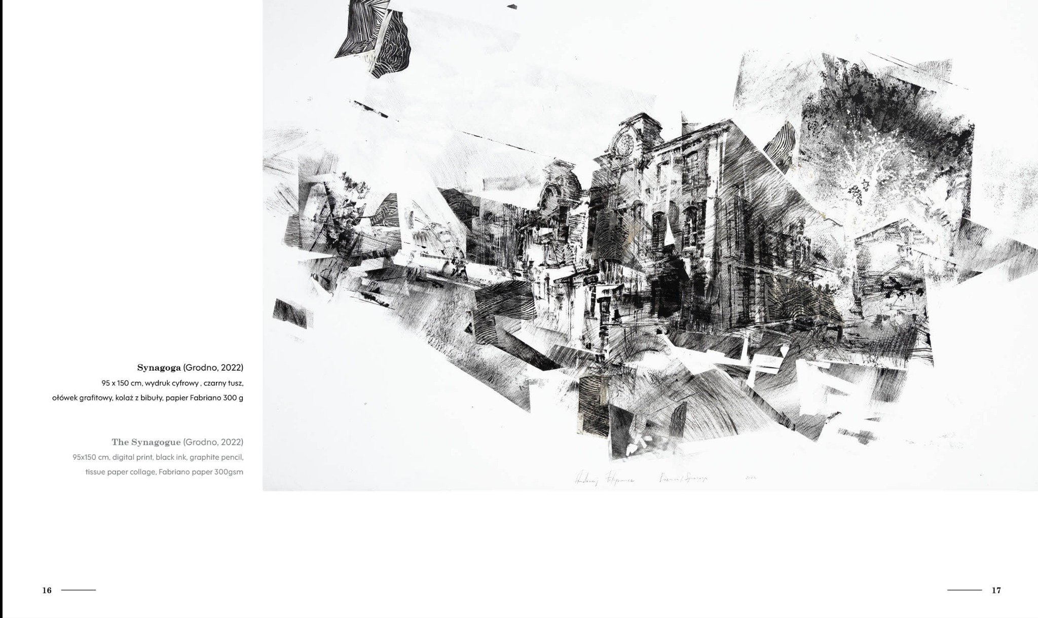 Abstrakcyjna grafika synagogi w Grodnie, wykonana czarnym tuszem i ołówkiem grafitowym na papierze Fabriano, z elementami kolażu z bibuły. Unikalny, artystyczny wydruk cyfrowy.