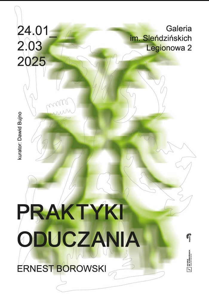 Plakat wystawy 'Praktyki Oduczania' Ernesta Borowskiego w Galerii im. Sleńdzińskich Legionowa 2, 24.01-2.03.2025. Kurator: Dawid Bujno. Abstrakcyjna grafika w zieleni.
