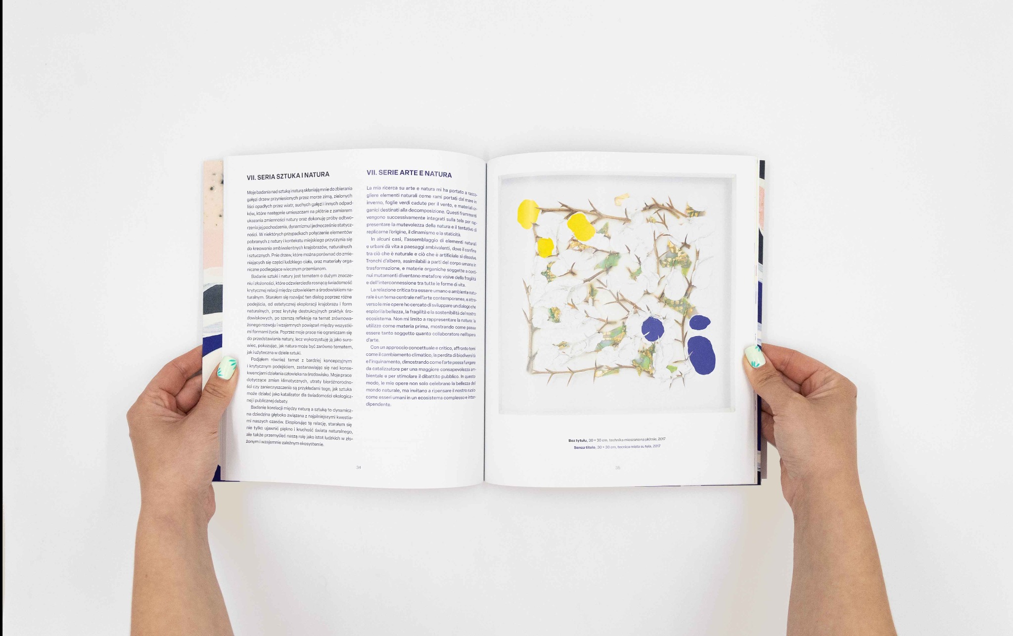 Katalog wystawy „Życie i Forma” z grafiką na okładce przedstawiającą kompozycję z gałązek i niebieskich plam, trzymany przez osobę na tle białej ściany.