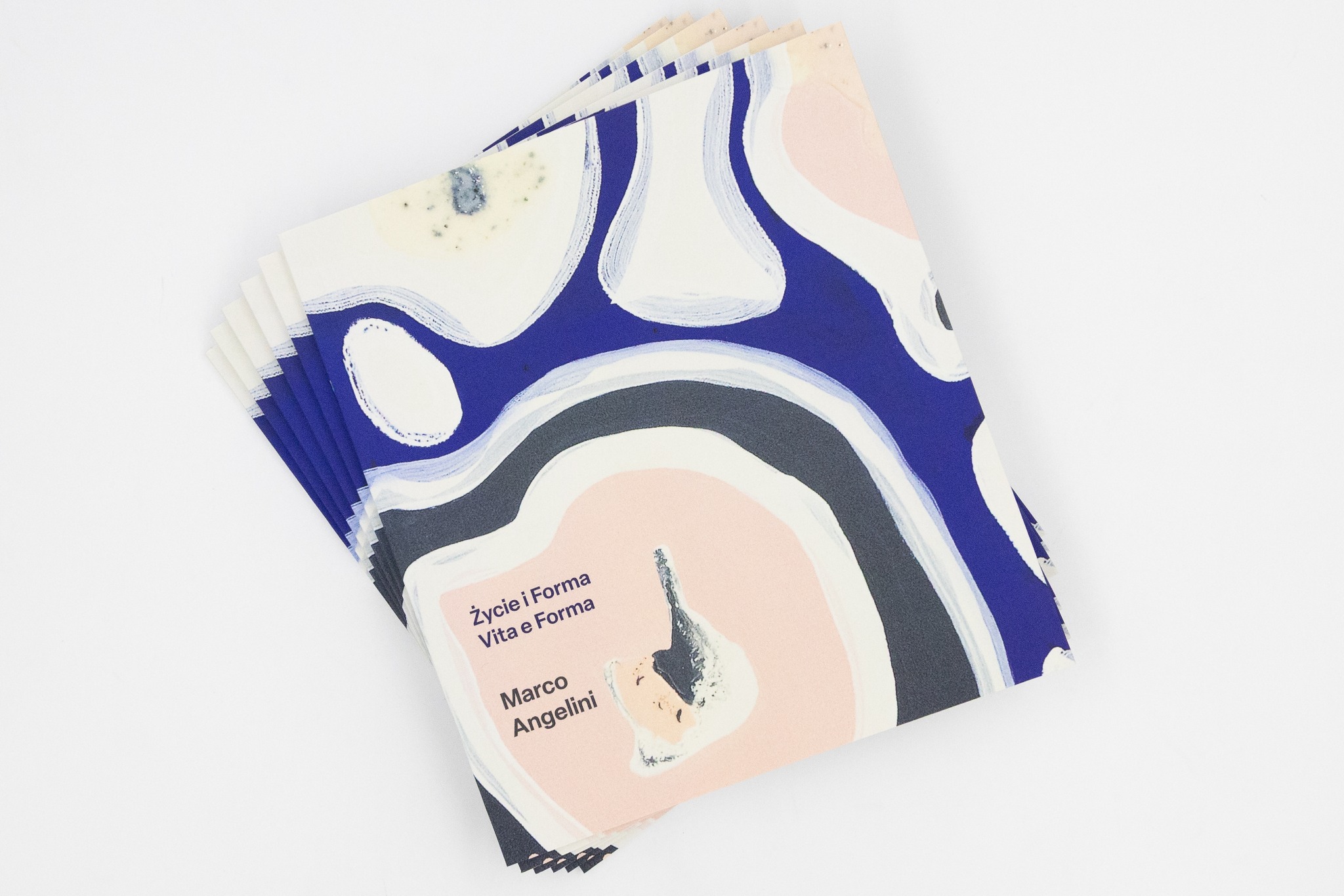 Stos książek z abstrakcyjną okładką w odcieniach błękitu, różu i szarości, z tytułem 'Życie i Forma Vita e Forma' oraz nazwiskiem Marco Angelini.