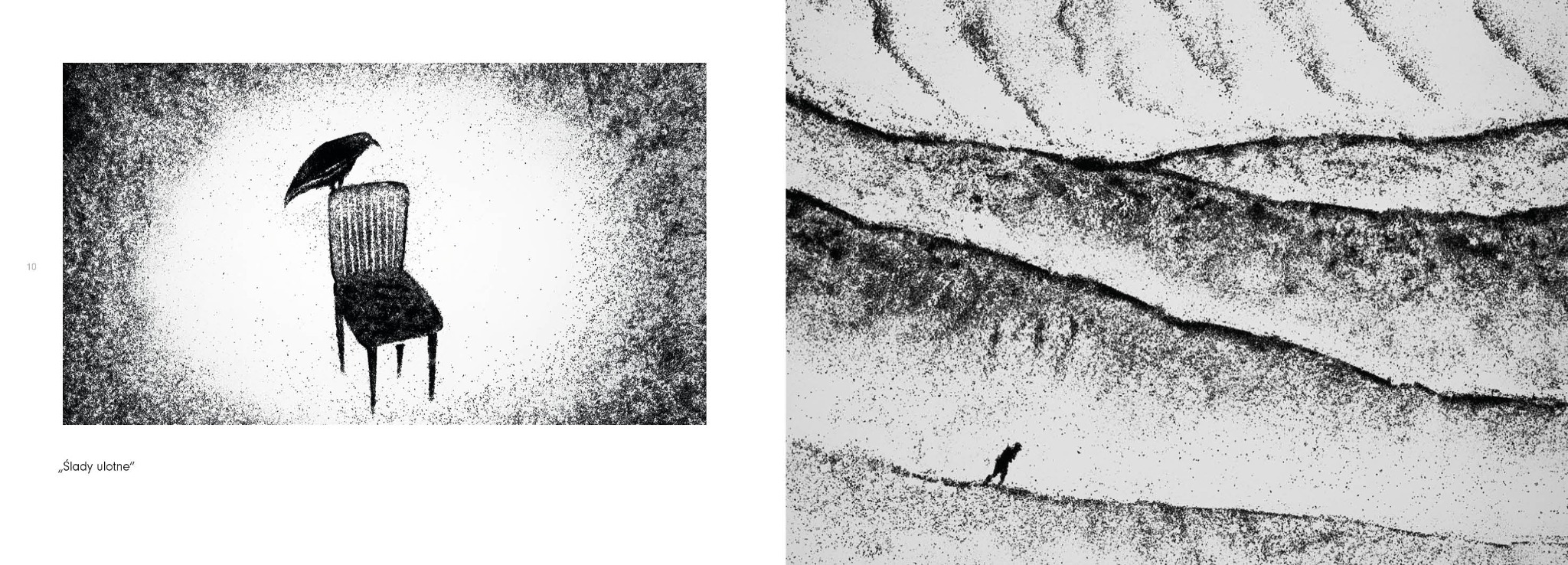 Katalog wystawy: Czarno-biała grafika z krukiem na krześle i sylwetką człowieka w krajobrazie. Projekt okładki i skład Ewa Pietruszko, Galeria Slendzinskich, 2023.