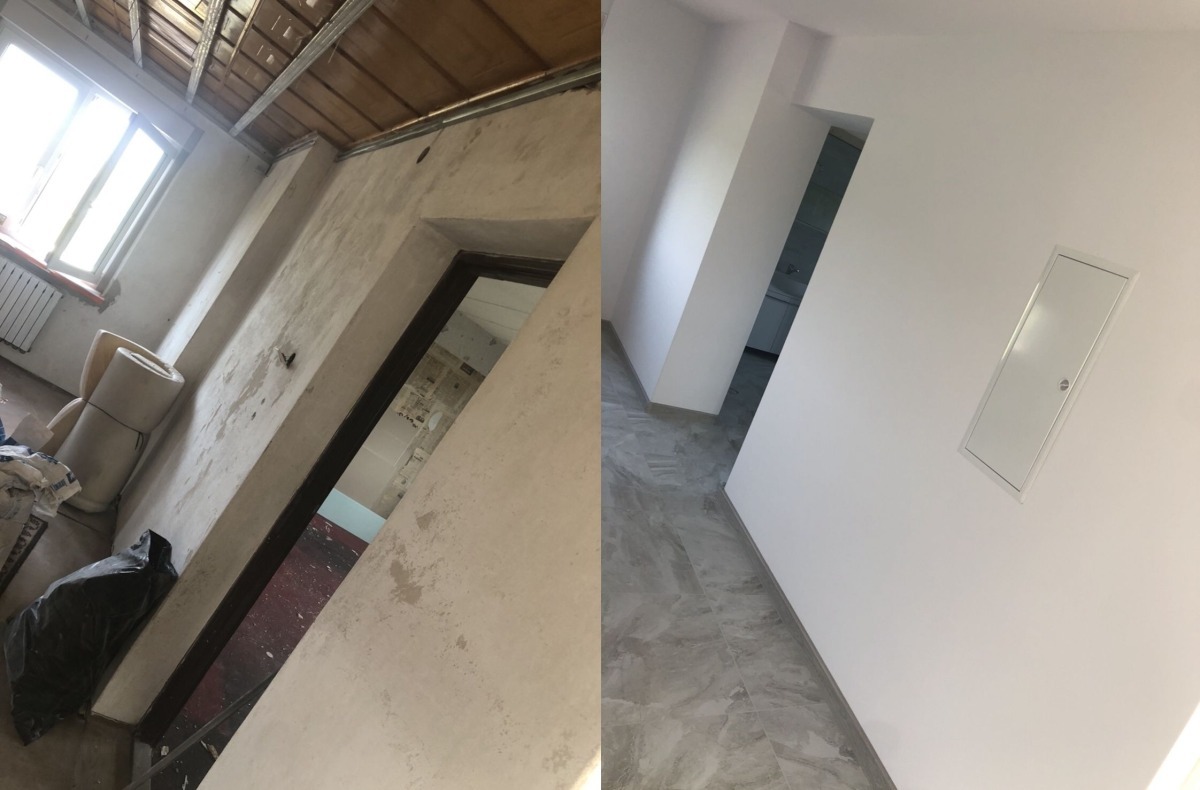 Porównanie stanu surowego i wykończonego wnętrza: ściany przed i po szpachlowaniu, surowy strop vs. gładki sufit, podłoga przed i po położeniu płytek.