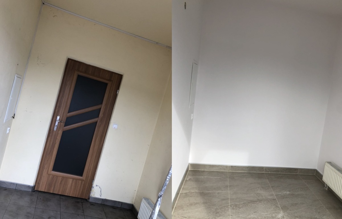 Zdjęcie 'przed i po' remontu pokoju: ściany w odcieniach beżu z brudnymi śladami i brązowe drzwi z lewej, a po prawej - czyste, białe ściany i szara podłoga.