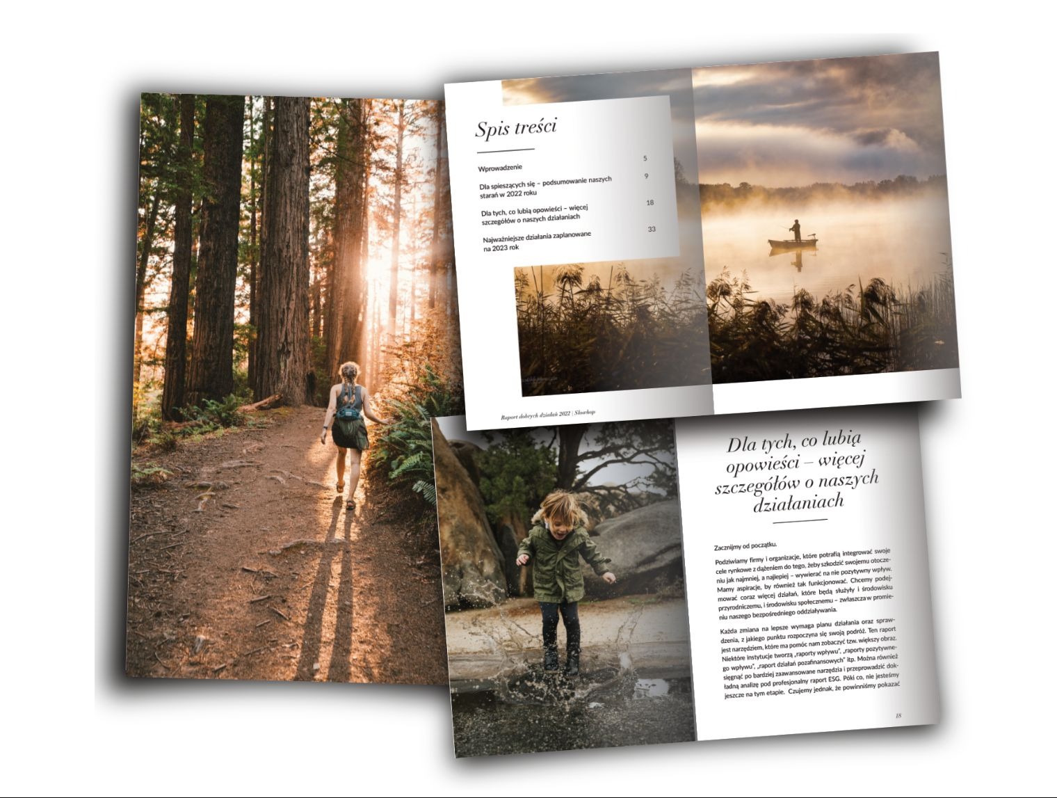 Okładka ebooka „Raport dobrych działań” dla Slowhop: kobieta na leśnej ścieżce, dziecko w kałuży, widok na jezioro i spis treści. Estetyczny projekt graficzny.