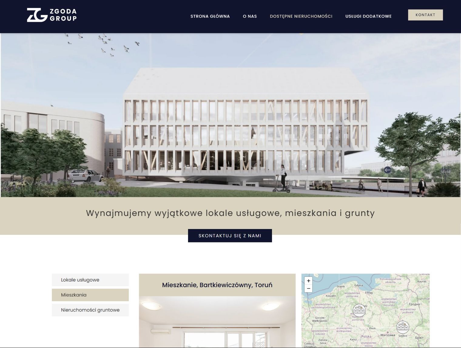 Strona internetowa firmy Zgoda Group z wizualizacją budynku. Minimalistyczny design, nawigacja u góry, mapa Polski w dolnej części. Układ pionowy, widok z ekranu.