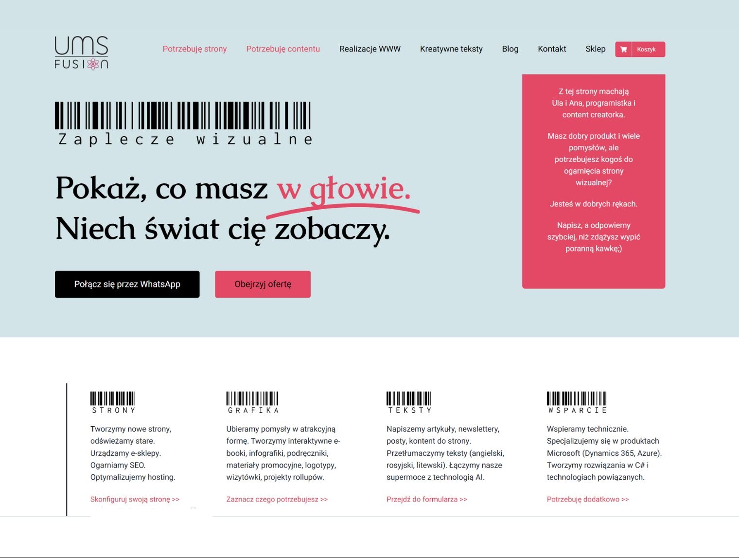 Strona firmowa z hasłem „Pokaż, co masz w głowie. Niech świat cię zobaczy.”, prezentująca ofertę: strony, grafika, teksty, wsparcie. Widoczne logo UMS Fusion.