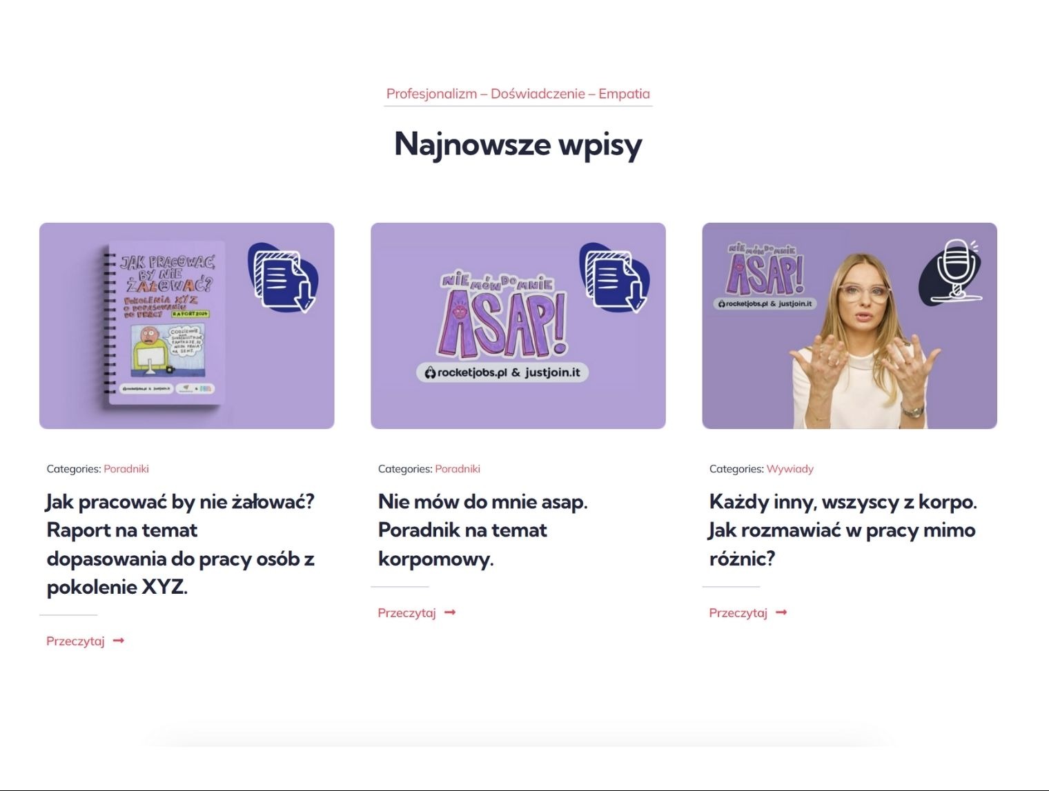 Strona internetowa Pauliny Orbitowskiej-Fernandez z trzema najnowszymi wpisami blogowymi na fioletowym tle, z przyciskami 'Przeczytaj →'.