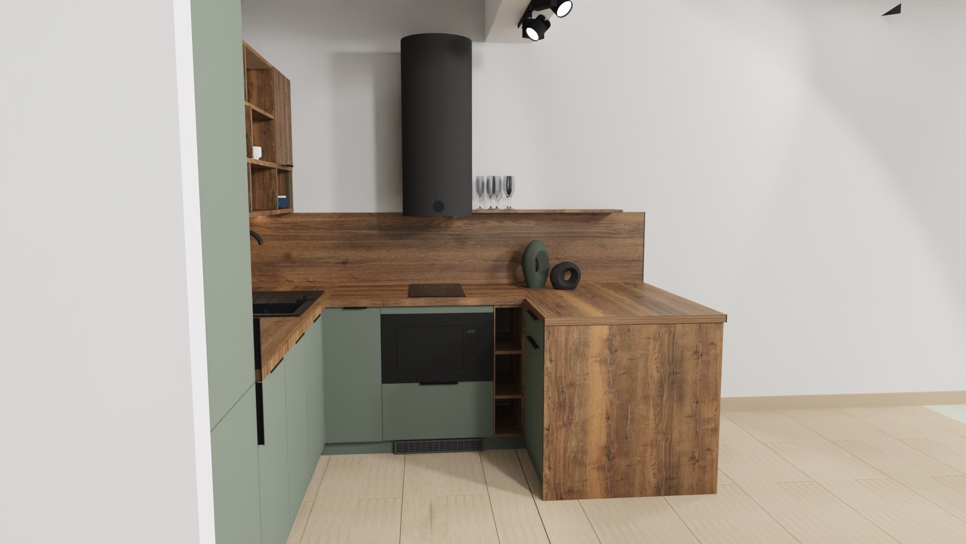 Kompaktowa kuchnia w odcieniach zieleni i drewna z czarnymi akcentami: okap, zlew, płyta indukcyjna i dekoracje. Nowoczesne oświetlenie punktowe.