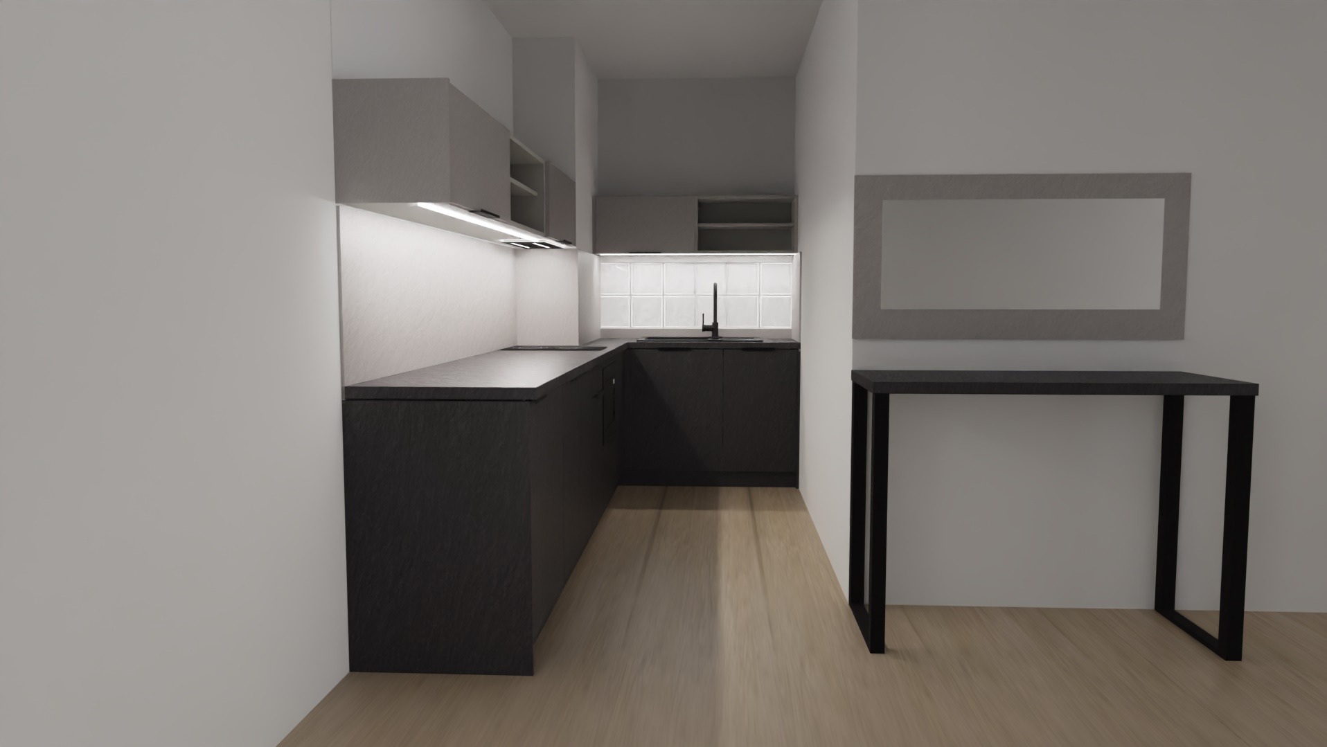 Wizualizacja minimalistycznej, szarej kuchni z czarnym blatem i prostokątnym lustrem nad stolikiem. Nowoczesne oświetlenie podszafkowe i geometryczne płytki nad zlewem.