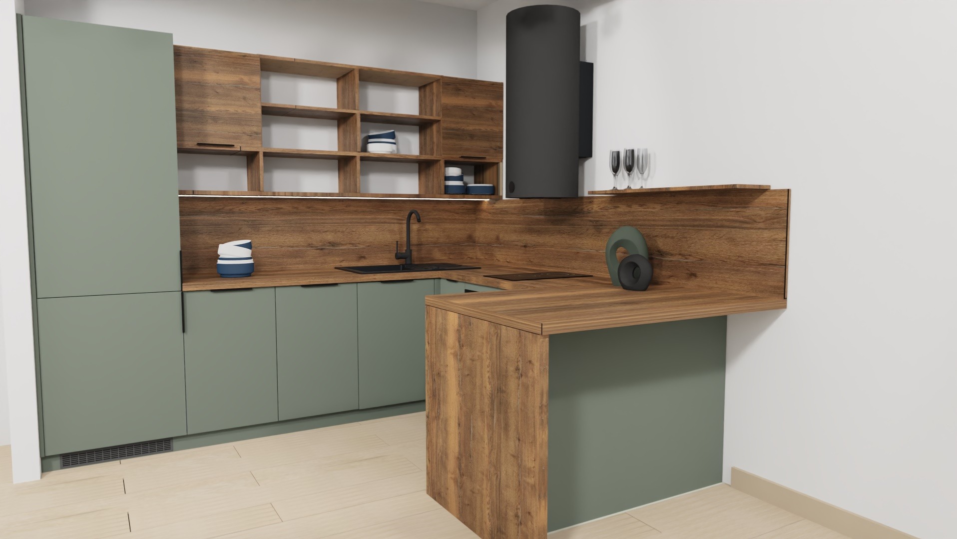 Nowoczesna kuchnia z frontami w odcieniach zieleni i drewnianymi akcentami. Widoczny blat, szafki wiszące, okap i elementy dekoracyjne. Minimalistyczny design.