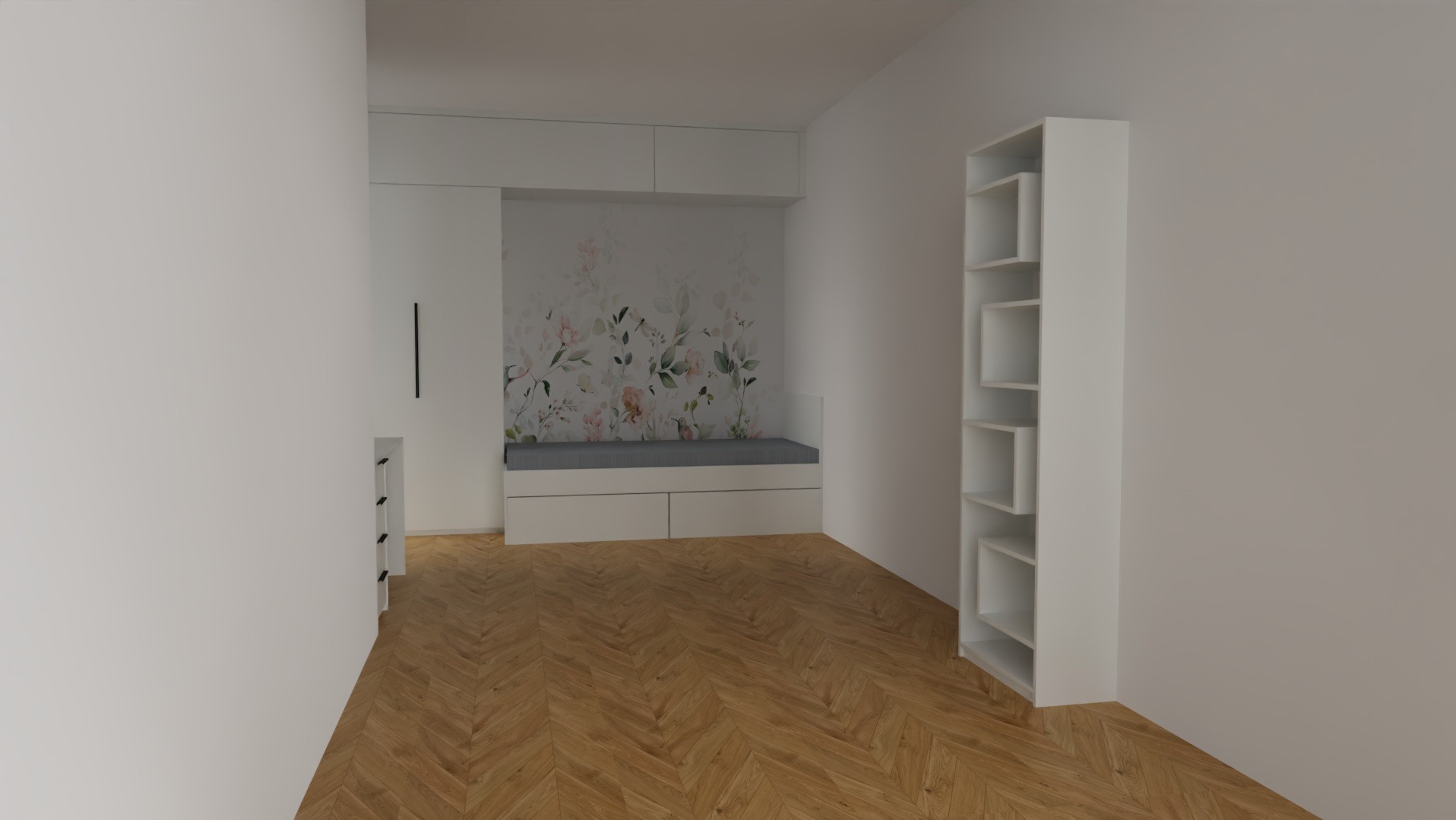 Wnętrze pokoju z drewnianą podłogą w jodełkę. Wbudowane siedzisko z szufladami i tapetą w kwiaty. Biała, nowoczesna, ażurowa szafka na książki po prawej.