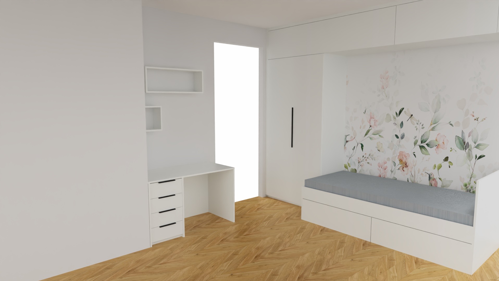 Wnętrze pokoju dziecięcego: białe meble z szufladami, biurko z szafką, łóżko z tapetą w kwiaty, parkiet w jodełkę. Minimalistyczny design, jasne kolory.