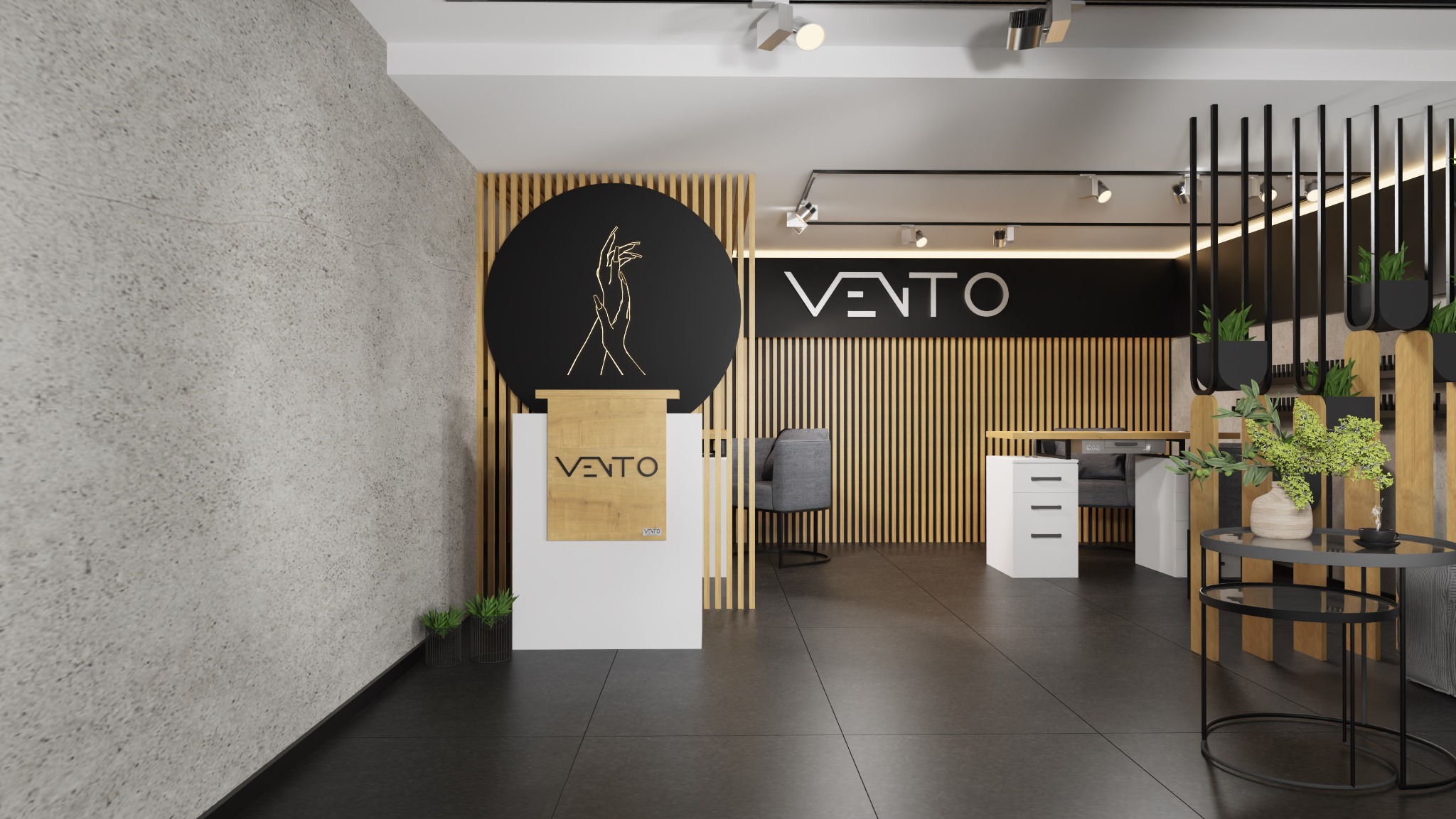 Nowoczesne wnętrze salonu kosmetycznego z recepcją, drewnianymi lamelami i minimalistycznym oświetleniem punktowym. Widoczne stoliki zabiegowe i dekoracyjne rośliny.