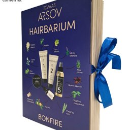 COMERNET SPÓŁKA Z OGRANICZONĄ ODPOWIEDZIALNOŚCIĄ - Katalog produktów do pielęgnacji włosów marki Tomas Arsov, zamknięty niebieską wstążką, prezentujący składniki i numery kosmetyków.