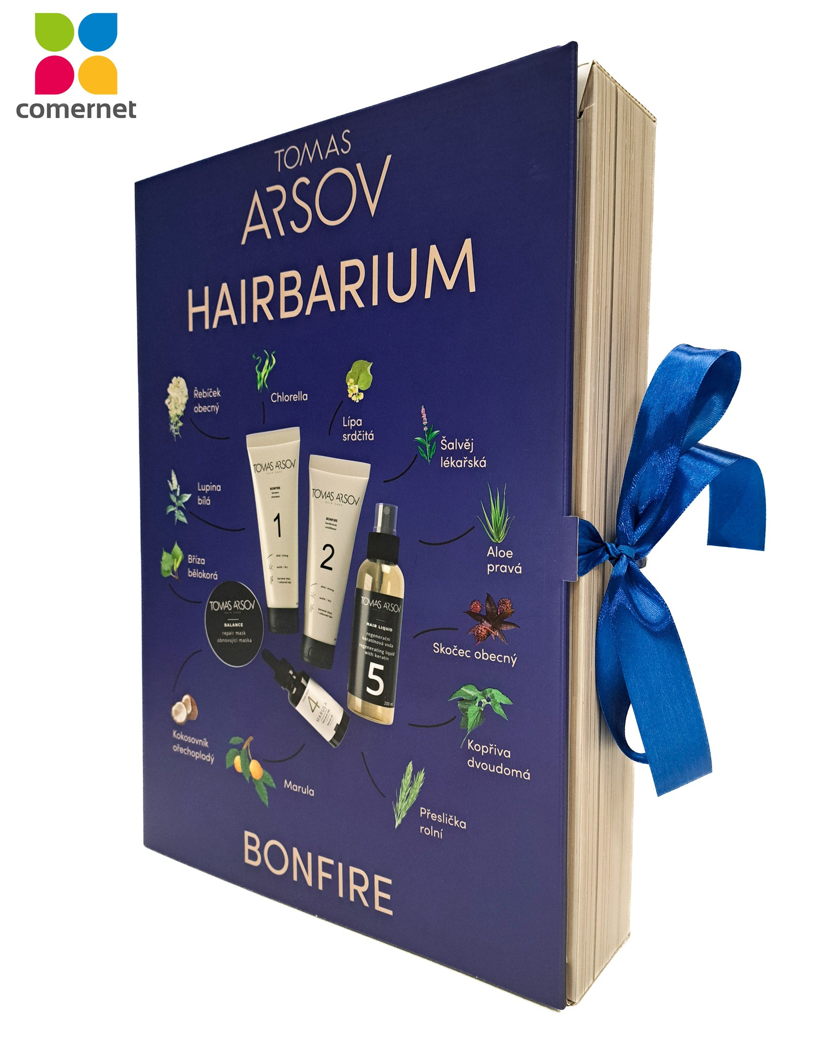 Katalog produktów do pielęgnacji włosów marki Tomas Arsov, zamknięty niebieską wstążką, prezentujący składniki i numery kosmetyków.