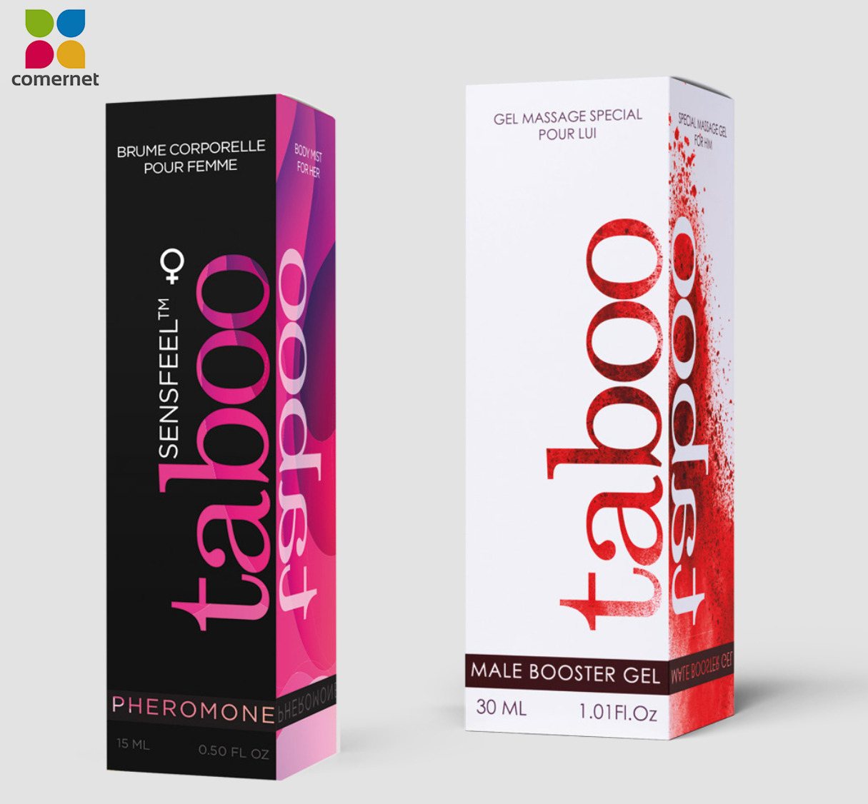 Dwa opakowania kosmetyków Taboo: czarne z różowym napisem dla kobiet i białe z czerwonym napisem dla mężczyzn, na jasnym tle. Minimalistyczny design.