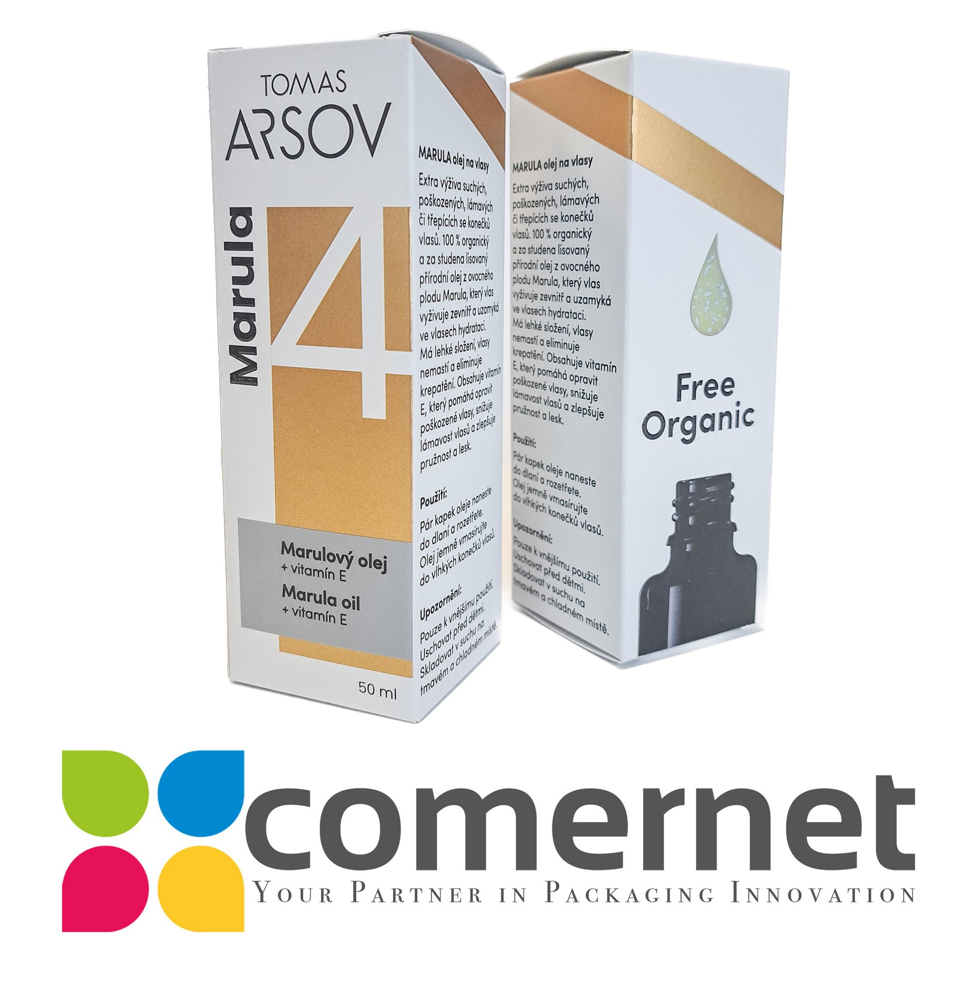 Białe opakowania kosmetyków Marula z brązowymi akcentami, ustawione obok siebie. Widoczny napis 'Free Organic' i logo firmy Comernet z hasłem o innowacjach w pakowaniu.