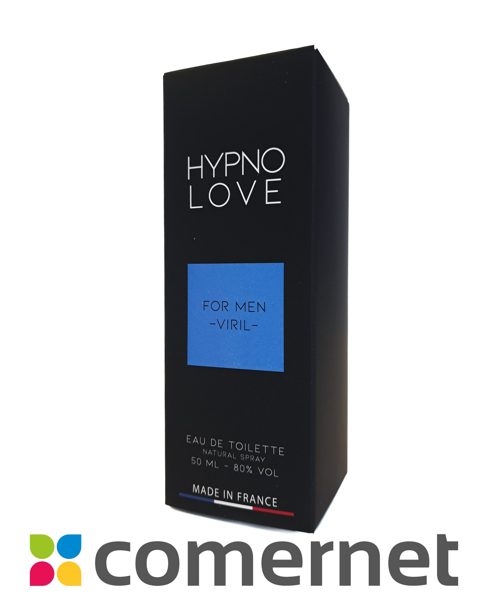 Czarne opakowanie perfum 'Hypno Love For Men - Viril-' z napisem 'Made in France' na białym tle. Minimalistyczny design i nowoczesna typografia.