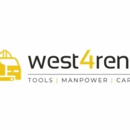 Żółto-białe logo West4rent: sylwetka koparki z kaskiem i kluczem, napis 'west4rent' i hasło 'TOOLS | MANPOWER | CARS'.