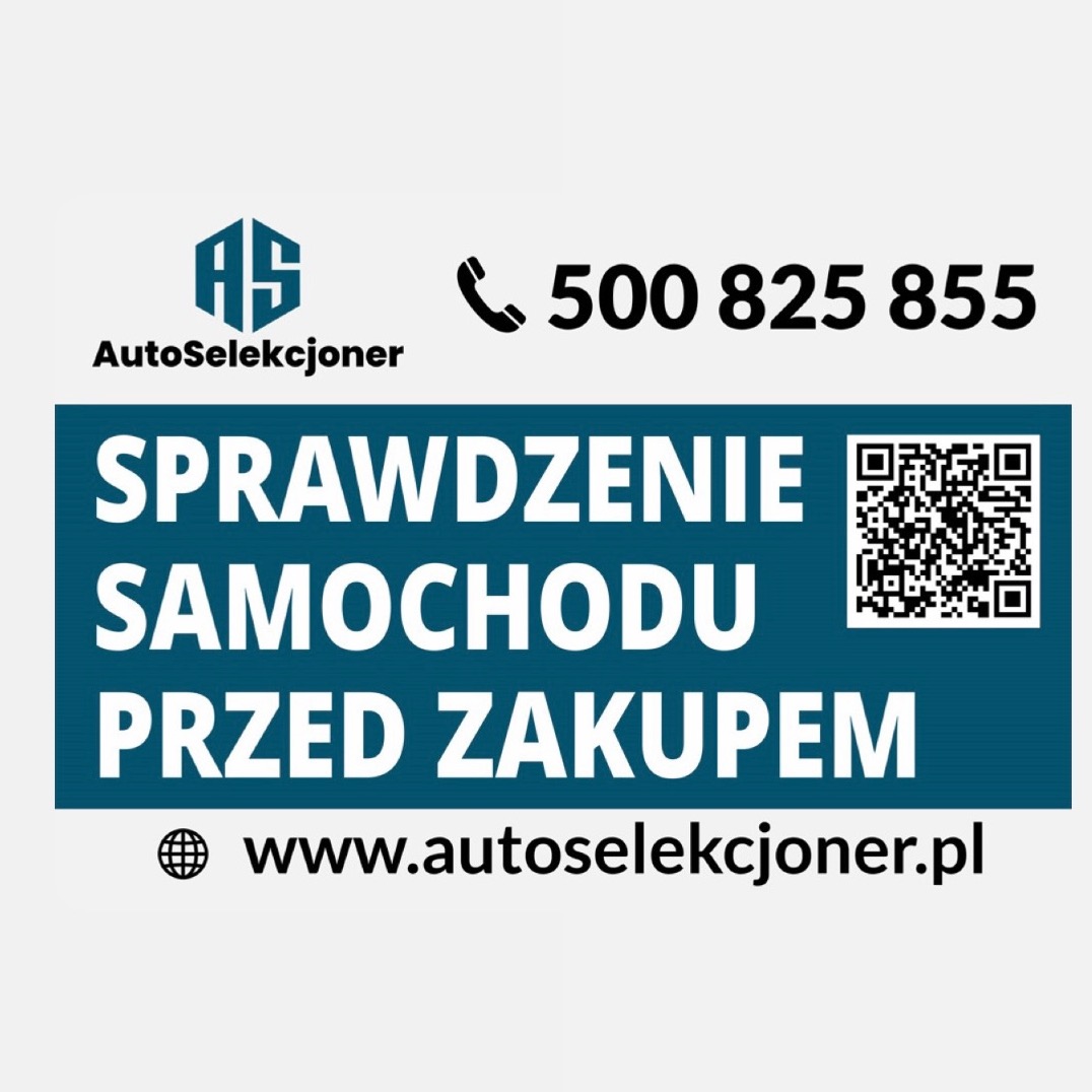 Grafika: AutoSelekcjoner – sprawdzenie samochodu przed zakupem. Numer telefonu, adres strony www i kod QR.