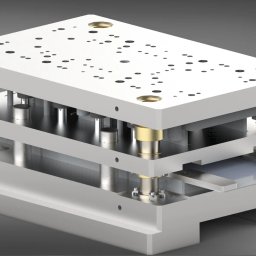 KD PRODUCTS Klaudia Gniazdowska - Wieloetapowa matryca wykrojnika, z widocznymi stemplami i prowadnicami, na szarym tle. Model 3D prezentuje precyzję wykonania i skomplikowaną konstrukcję narzędzia.