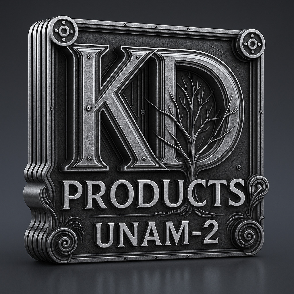 Metalowa tablica z logo 'KD Products UNAM-2' w stylu industrialnym. Litery z drzewem wewnątrz 'D', dekoracyjne obramowanie z nitami i żłobieniami. Ciemne tło.