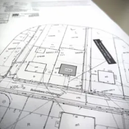Plan zagospodarowania działki z naniesionymi budynkami, oznaczeniami działek i przyłączem wodociągowym, widok z góry, perspektywa.
