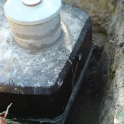 Betonowy zbiornik z włazem w wykopie, widoczne ślady uszczelnienia. Ujęcie z góry ukazuje strukturę betonu i ziemi.