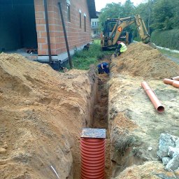 SKYWEATHER SPÓŁKA Z OGRANICZONĄ ODPOWIEDZIALNOŚCIĄ - Montaż rury kanalizacyjnej w wykopie, widoczny właz i koparka w tle. Prace ziemne przy budynku z cegły. Robotnicy w wykopie.