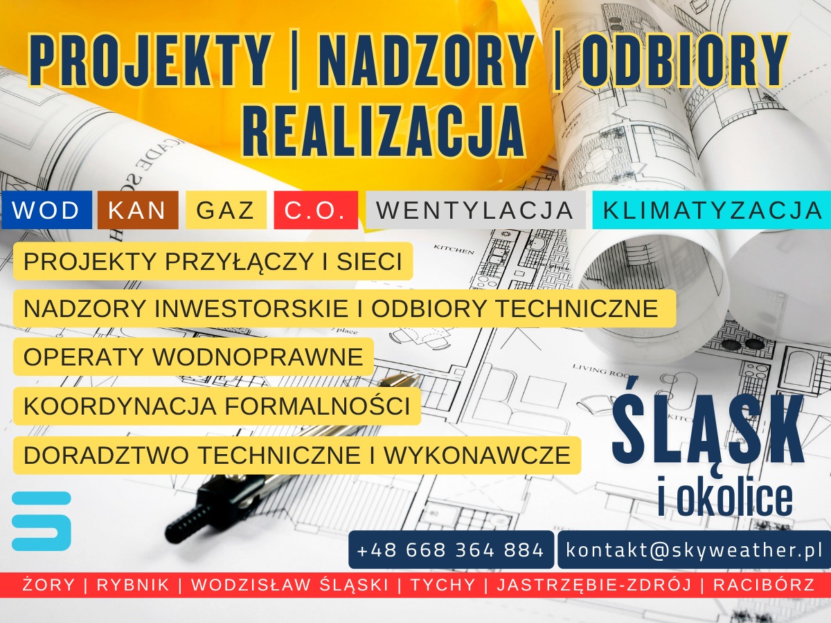 Projekty przyłączy i sieci, nadzory inwestorskie, operaty wodnoprawne, koordynacja formalności, doradztwo techniczne. Plany architektoniczne w tle.
