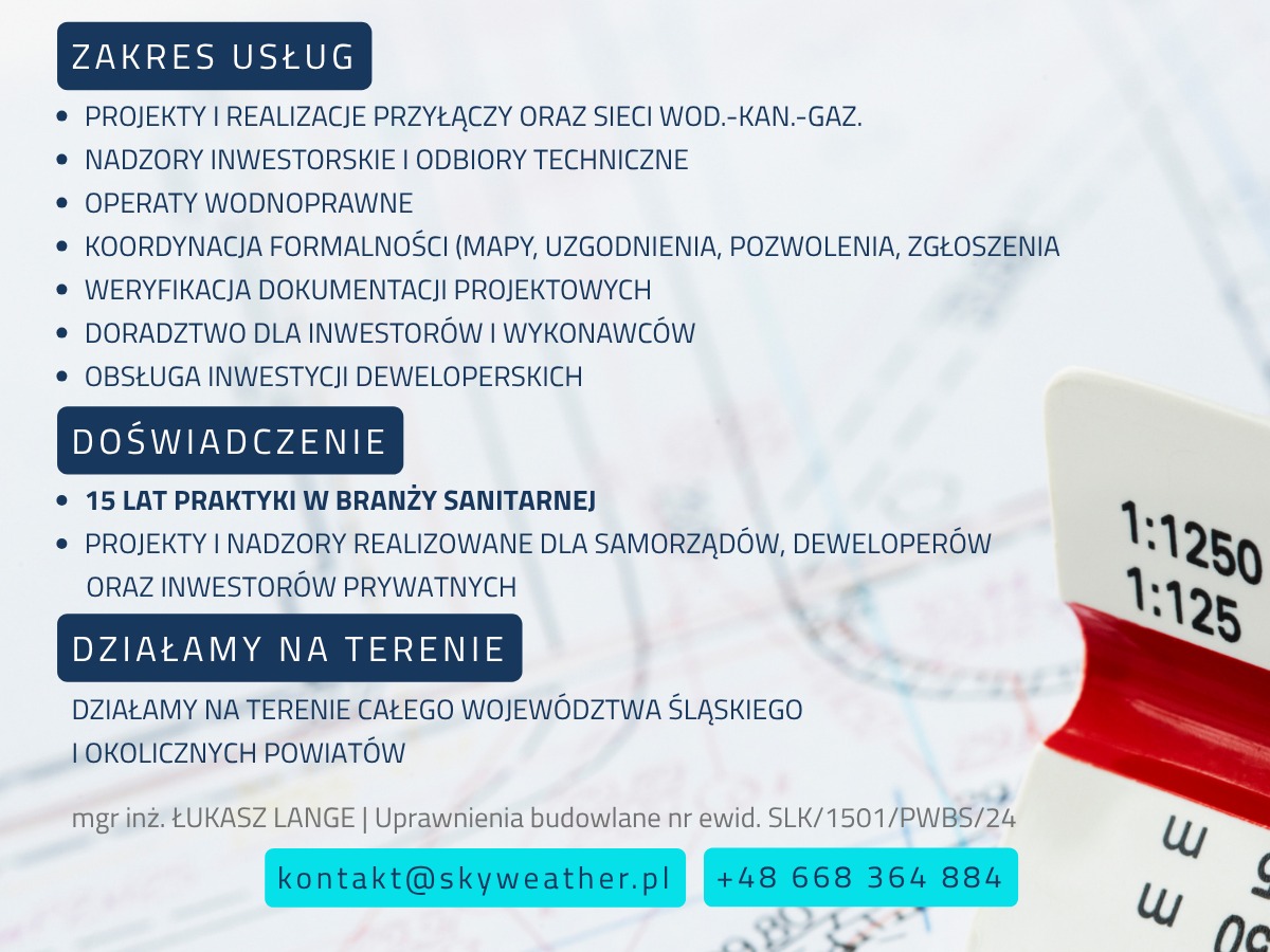 Zakres usług firmy: projekty przyłączy, nadzory inwestorskie, operaty wodnoprawne, koordynacja formalności, weryfikacja dokumentacji, doradztwo, obsługa inwestycji.