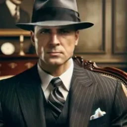 Mężczyzna w kapeluszu i prążkowanym garniturze siedzi na krześle w eleganckim wnętrzu, spoglądając wprost. W tle obraz i dekoracje w stylu retro.