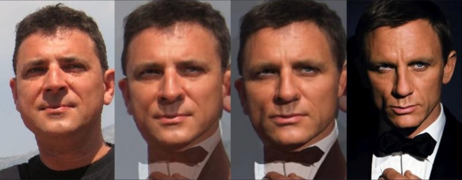 Cztery fazy transformacji mężczyzny: od codziennego wyglądu po stylizację na Jamesa Bonda z elegancką muchą. Wyraźna metamorfoza.