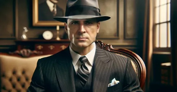 Mężczyzna w kapeluszu i prążkowanym garniturze siedzi na krześle w eleganckim wnętrzu, spoglądając wprost. W tle obraz i dekoracje w stylu retro.