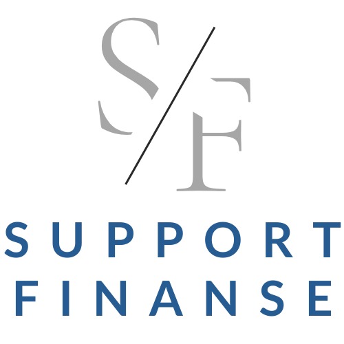 Logo firmy Support Finanse, z szarymi literami S i F przeciętymi czarną linią, nad napisem SUPPORT FINANSE w kolorze niebieskim.