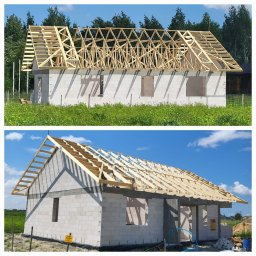 PJD CONSTRUCTION JAROSŁAW MICHAŁOWSKI - Dwa ujęcia domu w budowie: na górnym widać konstrukcję więźby dachowej, na dolnym - częściowo zadaszony budynek w słoneczny dzień. Budowa domu z pustaków.