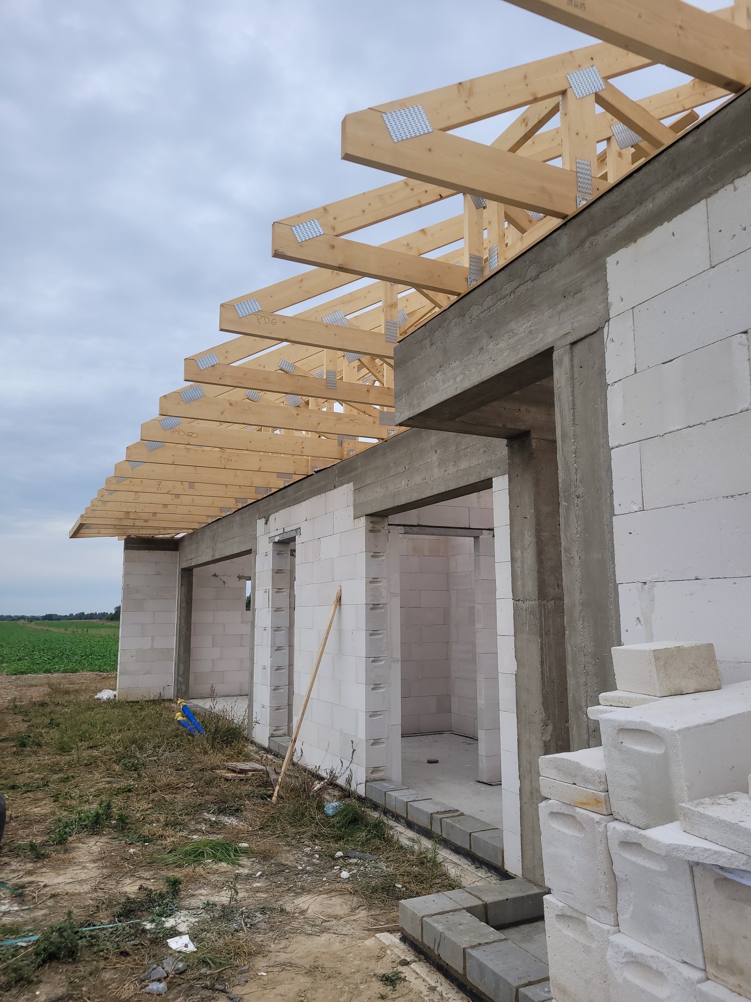 Wznoszenie ścian z bloczków i montaż drewnianej więźby dachowej z metalowymi łącznikami. Widok na surowy stan budynku w otoczeniu zieleni.