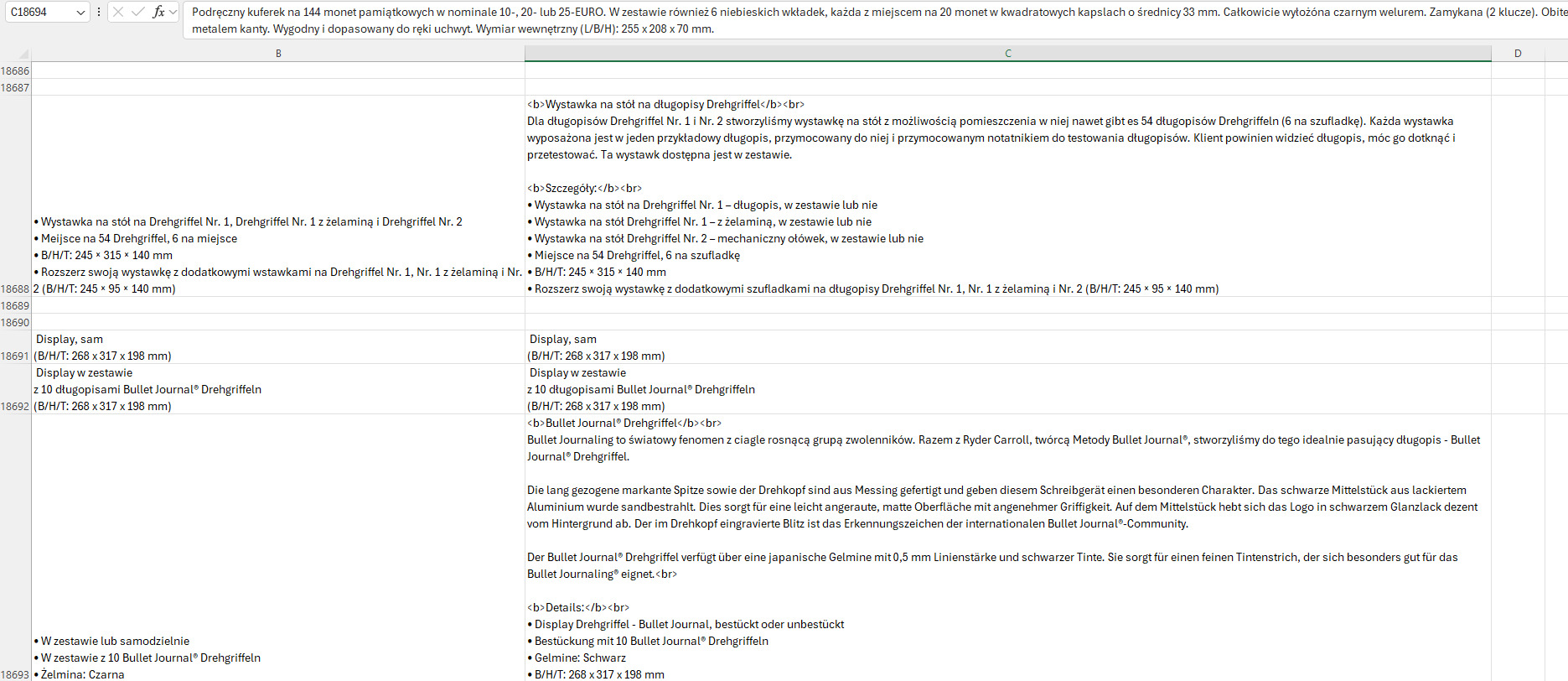 Tabela kalkulacyjna z opisami produktów Leuchtturm: kuferek na monety, ekspozytory na długopisy Drehgriffel i Bullet Journal. Akcesoria kolekcjonerskie.