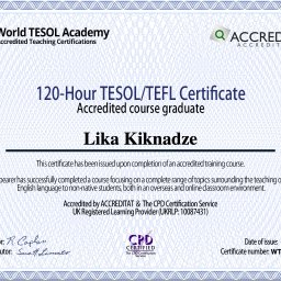 WITSY Language School - Certyfikat TESOL/TEFL (120 godzin) Liki Kiknadze, potwierdzający ukończenie akredytowanego kursu. Dokument z datą wydania 02/11/2023 i numerem WTA22272350.