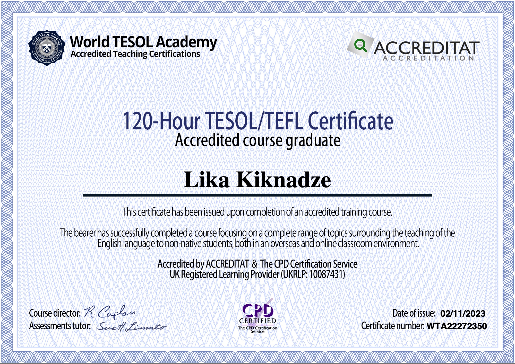 Certyfikat TESOL/TEFL (120 godzin) Liki Kiknadze, potwierdzający ukończenie akredytowanego kursu. Dokument z datą wydania 02/11/2023 i numerem WTA22272350.