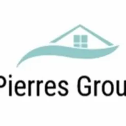 Logo Pierres Group z minimalistycznym symbolem domu i falą w kolorze turkusowym, nazwa firmy czarną czcionką na białym tle.
