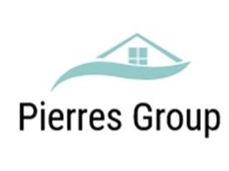 Logo Pierres Group z minimalistycznym symbolem domu i falą w kolorze turkusowym, nazwa firmy czarną czcionką na białym tle.