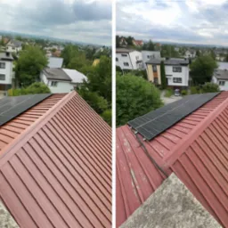 Porównanie dachu przed i po montażu paneli słonecznych. Czerwona blacha trapezowa, widok z góry na okoliczne domy i zieleń. Stan przed i po instalacji.