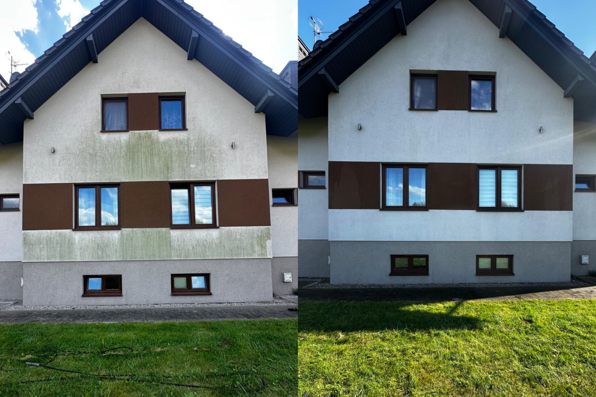 Elewacja domu przed i po czyszczeniu. Lewa strona zabrudzona, prawa czysta. Widoczne okna i trawnik. Porównanie efektu wykonanej usługi.