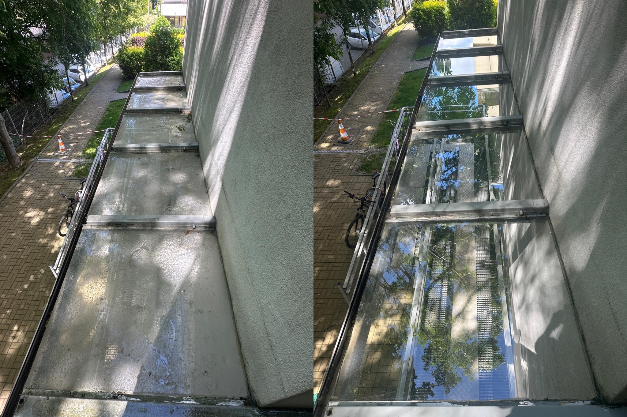 Efekt przed i po czyszczeniu szklanego dachu w Kocmyrzowie, widok z góry. Po lewej brudny, po prawej czysty, odbijający niebo i drzewa.