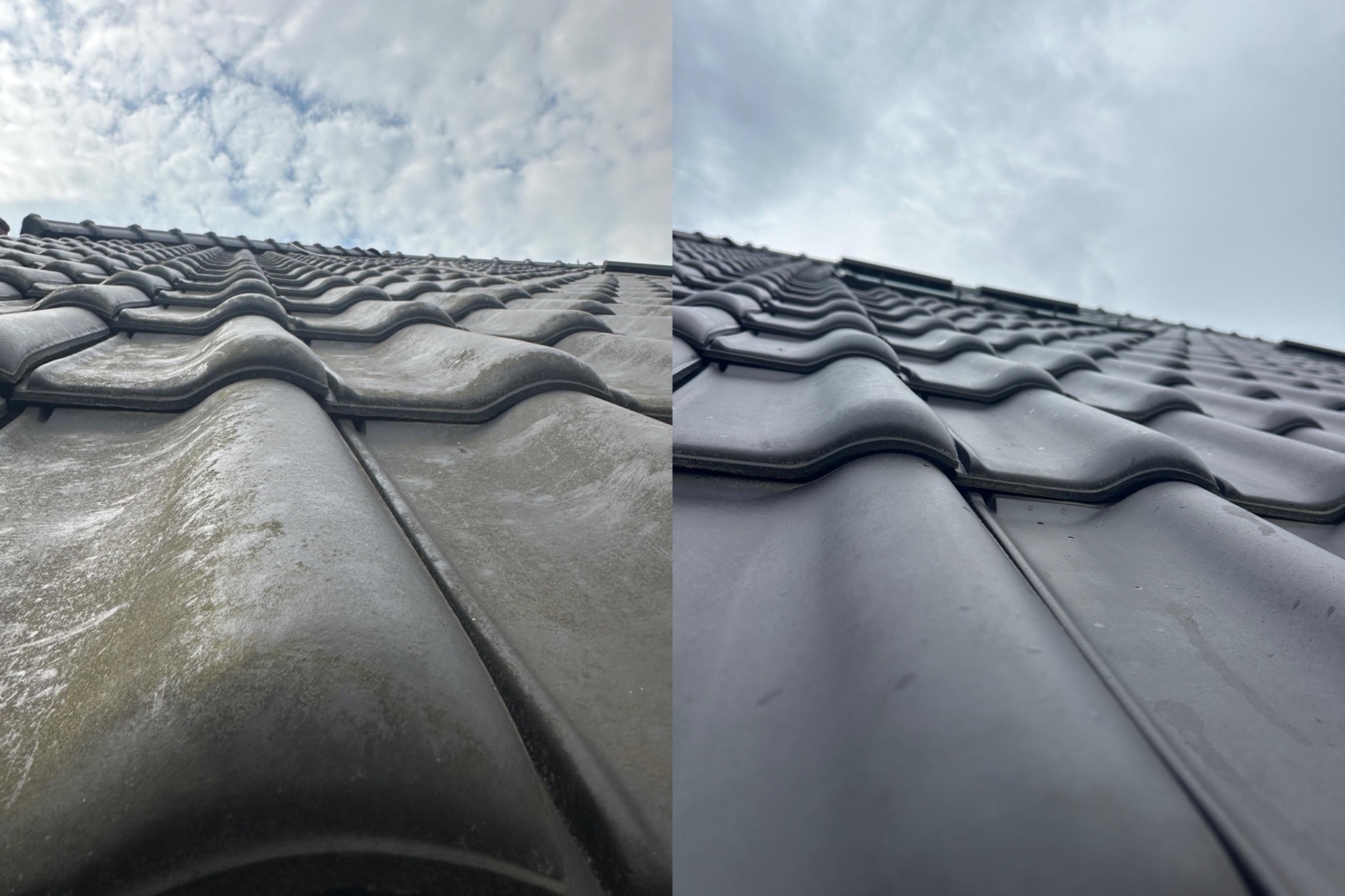 Zdjęcie dachu z dachówką w ujęciu przed i po czyszczeniu. Po lewej dach pokryty mchem, po prawej czysty, ciemnoszary dach. Widoczne niebo z chmurami.